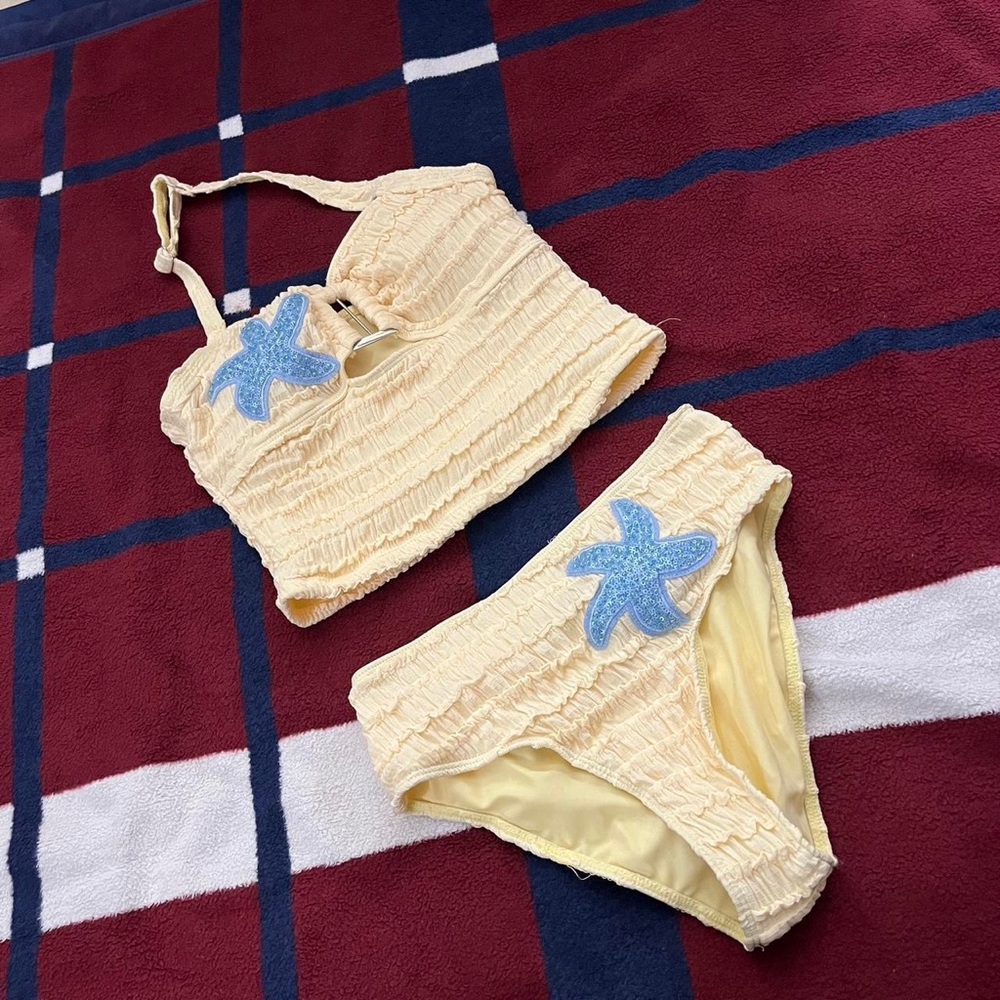 SHEIN Teen Girl Jacquard Starfish Tankini Set Soft Spaghetti Strap Bikini Shorts